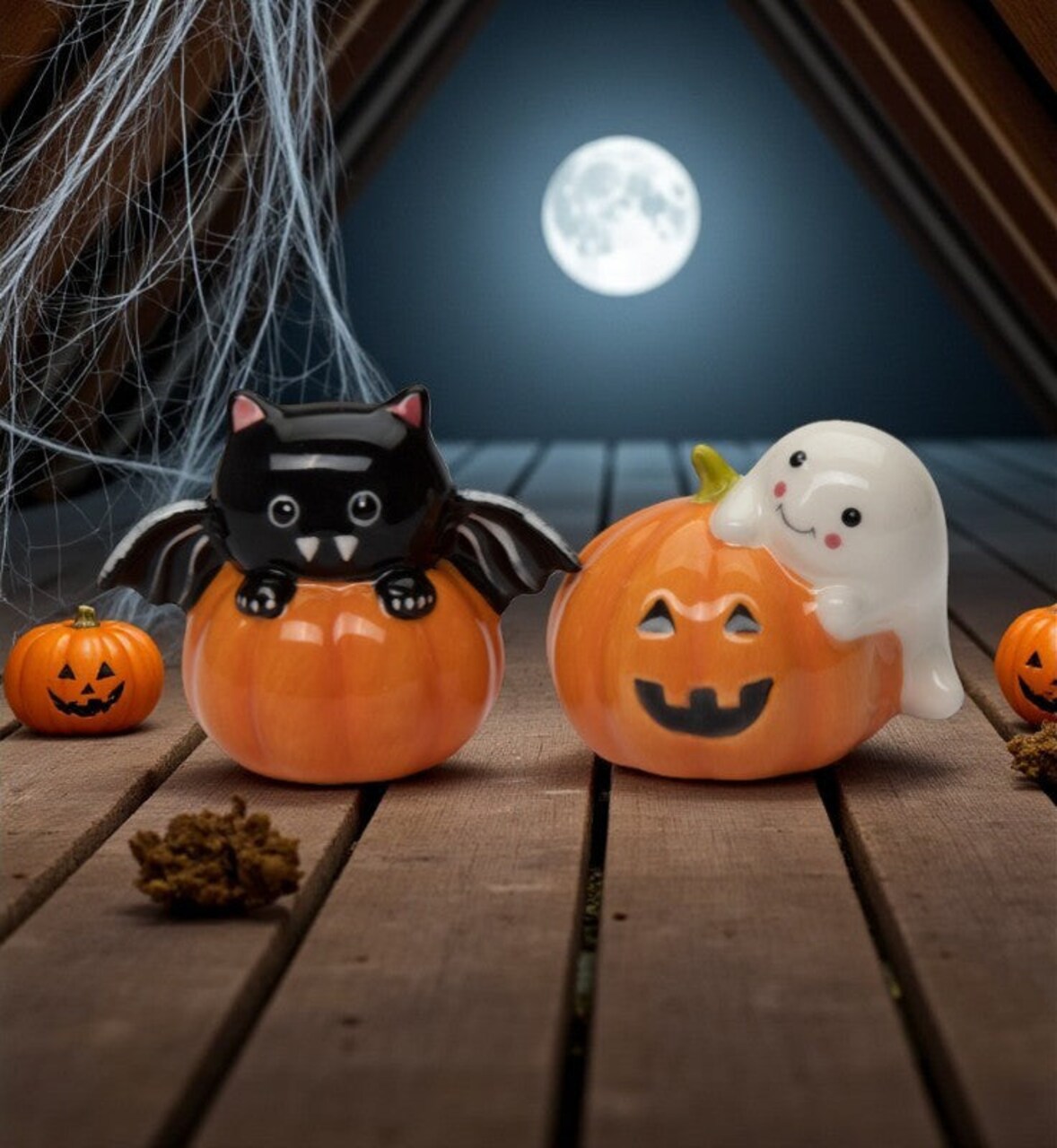 Ceramic Cute Bat and Ghost on Pumpkins Salt and Pepper Shakers, Gift for Her, Gift for Mom, Kitchen Décor, Fall Décor, Halloween Décor